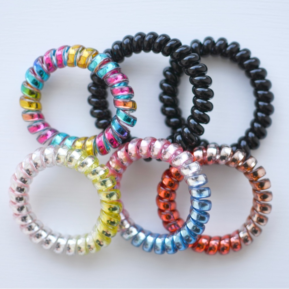 New Unused 6 Pcs Spiral Phone Cord Elastic Hair Ties Black Rainbow Coil Gradient